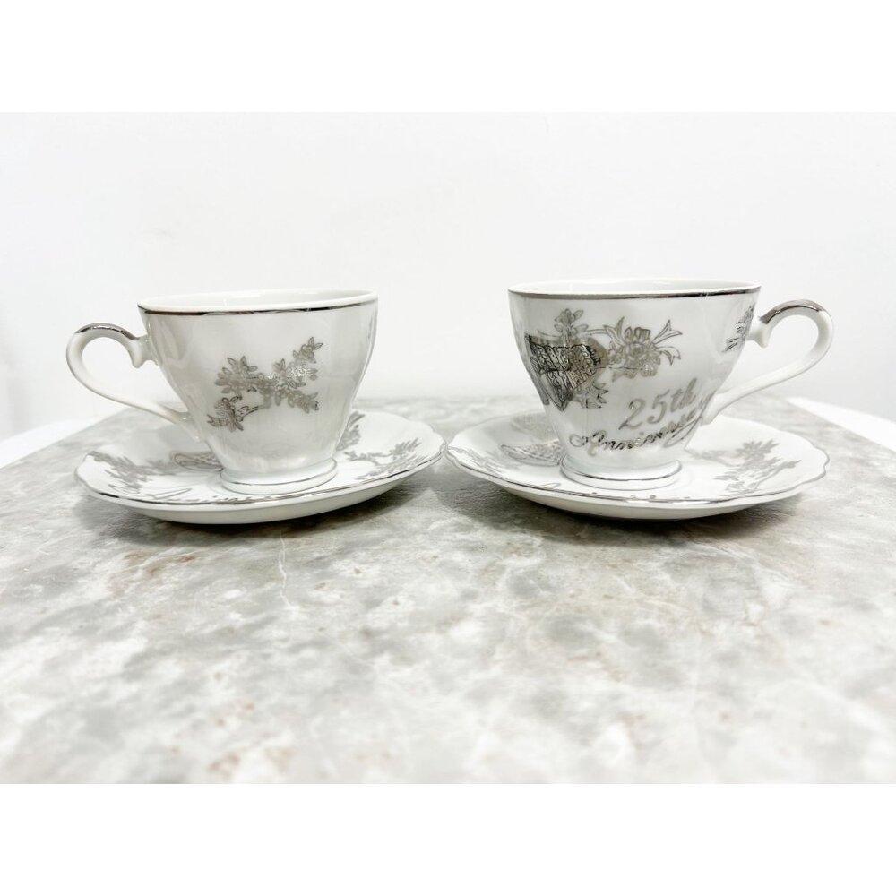 Set of 2 - Vintage Norcrest Fine China 25th Anniversary Teacups & Saucers